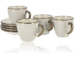 Koffiekop met Schotel Set 4-delig – Porseleinen Koffiekopjes 210ML – Beige Kop en Schotel met Reliëf – Theekopjes Set – Serviesset Koffiekopje Schotel