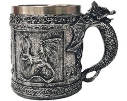 Koffiekopje-Mok-Bierpul-Beker-cadeau-Fantasy Beker 450ml - Geïsoleerd Roestvrij Staal - Dubbele Wand + Drakenprint - Perfect voor Koffie/Bier-Uniek ontwerp