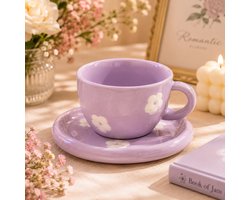 Koffiekopjes Set Met Schotel - 250 ml - Paarse Bloemen - Keramiek - Cadeau voor Vrouwen