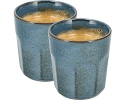 Koffiekopjes Set van 2 – Blauw Glazuur Bekers 200ml Zonder Oor – Keramische Espresso Kopjes en Cappuccino Bekers – Aardewerk Koffiemokken – Voor Koffie, Thee en Horeca Gebruik