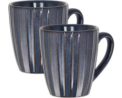 Koffiekopjes Set van 2 – Donkerblauwe Geribbelde Mokken 200ml met Oor – Keramische en Aardewerk Koffiemokken – Theemokken en Cappuccino Kopjes – Ribbel Design Verticaal Reliëf