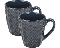 Koffiekopjes Set van 2 – Donkerblauwe Mokken 200ml met Oor – Aardewerk en Keramische Koffiemokken – Theemokken voor Koffie en Thee – Visgraat Reliëf Design