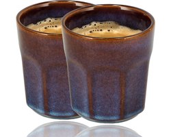 Koffiekopjes Set van 2 – Keramische Bekers 200ml Zonder Oor – Espresso Kopjes en Cappuccino Bekers – Blauw/Bruin Glazuur – Aardewerk Koffiemokken – Voor Koffie en Thee