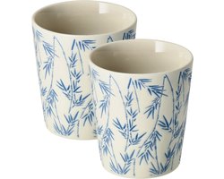 Koffiekopjes Set van 2 – Keramische Koffiemokken 200 ml Zonder Oor – Blauw Wit Bamboe Patroon – Espresso Kopjes Cappuccino Bekers en Theekopjes