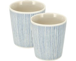 Koffiekopjes Set van 2 – Keramische Koffiemokken 200 ml Zonder Oor – Blauw Wit Strepen Patroon – Espresso Kopjes Cappuccino Bekers en Theekopjes