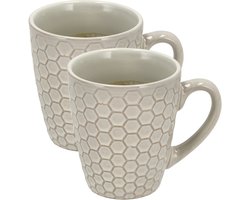 Koffiekopjes Set van 2 – Mokken 200ml met Oor – Aardewerk Mok en Koffiemokken – Cappuccino Kopjes en Theemokken voor Koffie en Thee – Wit Hexagon Design