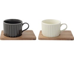 Koffiekopjes Set van 2 porseleinen kopjes 250 ml met acacia schoteltjes in geschenkverpakking