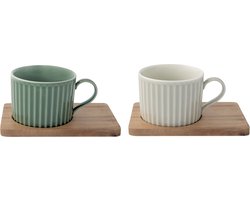 Koffiekopjes Set van 2 porseleinen kopjes 250 ml met acacia schoteltjes in geschenkverpakking