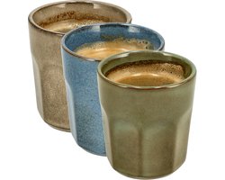 Koffiekopjes Set van 3 – Blauw Groen Beige Glazuur Bekers 200ml Zonder Oor – Keramische Espresso Kopjes en Cappuccino Bekers – Aardewerk Koffiemokken – Voor Koffie, Thee en Horeca