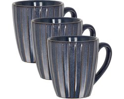Koffiekopjes Set van 3 – Donkerblauwe Geribbelde Mokken 200ml met Oor – Keramische en Aardewerk Koffiemokken – Theemokken en Cappuccino Kopjes – Ribbel Design Verticaal Reliëf