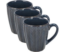 Koffiekopjes Set van 3 – Donkerblauwe Mokken 200ml met Oor – Keramische en Aardewerk Koffiemokken – Theemokken en Cappuccino Kopjes – Visgraat Reliëf Design