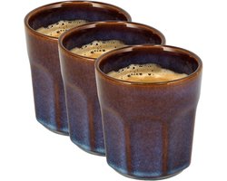 Koffiekopjes Set van 3 – Keramische Bekers 200ml Zonder Oor – Espresso Kopjes en Cappuccino Bekers – Blauw/Bruin Glazuur – Aardewerk Koffiemokken – Voor Koffie en Thee