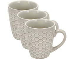 Koffiekopjes Set van 3 – Mokken 200ml met Oor – Aardewerk Mok en Koffiemokken – Cappuccino Kopjes en Theemokken voor Koffie en Thee – Wit Hexagon Design