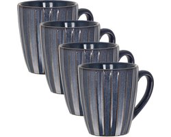 Koffiekopjes Set van 4 – Donkerblauwe Geribbelde Mokken 200ml met Oor – Keramische en Aardewerk Koffiemokken – Theemokken en Cappuccino Kopjes – Ribbel Design Verticaal Reliëf