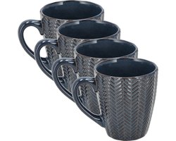 Koffiekopjes Set van 4 – Donkerblauwe Mokken 200ml met Oor – Keramische en Aardewerk Koffiemokken – Theemokken en Cappuccino Kopjes – Visgraat Reliëf Design