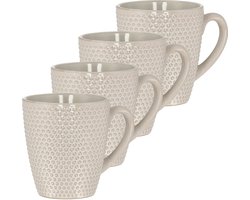 Koffiekopjes Set van 4 – Mokken 200ml met Oor – Aardewerk Mok en Koffiemokken – Cappuccino Kopjes en Theemokken voor Koffie en Thee – Wit Dots Reliëf Design