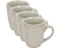 Koffiekopjes Set van 4 – Mokken 200ml met Oor – Aardewerk Mok en Koffiemokken – Cappuccino Kopjes en Theemokken voor Koffie en Thee – Wit Hexagon Design
