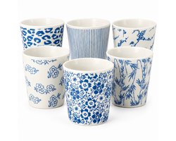 Koffiekopjes Set van 6 – Keramische Koffiemokken 200 ml Zonder Oor – Blauw Wit Stapelbaar – Espresso Kopjes Cappuccino Bekers en Theekopjes