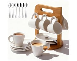 Koffiekopjes set van 6 met schoteles op standaard van bamboe, porseleinen espressokopjes 80 ml koffieservies voor 6 personen theeservies (bamboehouder)