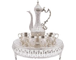 Koffiekopjes, set vintage Marokkaanse theepot met 6 kopjes, Royal theeglazen, set van metaal, Turkse wijnpot, set voor thuisfeest, woondecoratie (zilver)