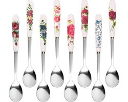 Koffielepels Set van 8 met Bloemenprint en Porseleinen Handgrepen - Roestvrij Staal - Latte Lepels voor Koffie, Dessert, Warme Chocolade