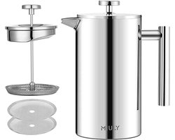 Koffiemaker French Press 035 liter - kleine koffiezetapparaat - dubbelwandig roestvrij staal - Franse koffiepers - 2 extra zeefjes - zilver - 350ml - 2 kopjes stainless steel press