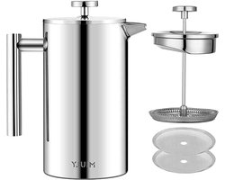 Koffiemaker French Press 035 liter roestvrij staal dubbelwandig - kleine Franse koffiepers - 2 extra zeefjes - zilver 350ml (2 kopjes)
