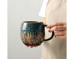 Koffiemok - 600 ml - Unieke handgemaakte keramische mok, grote theekop, geschikt voor magnetron en vaatwasser (blauw)