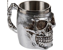 Koffiemok beker met doodskop - zilver - rvs - 16 x 11 cm - Bikers - 400 ml
