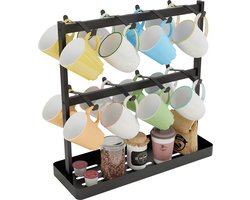 Koffiemok houder standaard - 16 kopjes haken - aanrecht mok boomhouder rek - opbergbasis - 2 niveaus toonkopjes display - opslag organizer keuken thee koffiebar - zwart metaal koffie rek