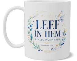 Koffiemok met Bijbeltekst Handelingen 17:28 Leef In Hem Beweeg In Zijn Adem - Christelijke Mok met Aquarel Botanische Krans - Dubbelzijdig Bedrukt - Koffiebeker