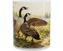 Koffiemok met Canadese Ganzen en Jongen - Aquarel Panorama Mok - Canadese Gans Canada Goose Branta canadensis en Vos - Cadeau Vogelliefhebber