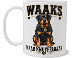Koffiemok met Rottweiler - Waaks Maar Knuffelbaar - Stoere Honden Mok Cadeau - Wit Keramisch - Dubbelzijdige Bedrukking - Koffie en Thee Mug voor Hondenliefhebber