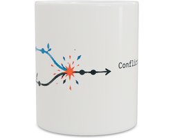 Koffiemok met vogel, wasbeer en Conflict is inevitable IT quote Grappige Git merge conflict beker voor software developers, engineers en programmeurs Droog kantoor cadeau voor collega op de werkplek