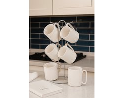 Koffiemok Set met Houder – 6 Stuks Keramische Mokken – Modern Geribbeld Design – Inclusief Metalen Standaard
