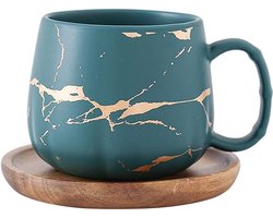 Koffiemok, theebeker, keramische beker, gouden design met houten schotel (groen)