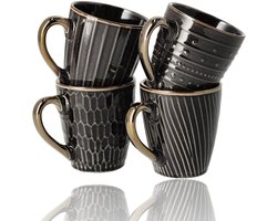 Koffiemokken 200ML Set van 4 – Zwart Gouden Mokken met Oor – Luxe Keramische Mokken voor Koffie, Cappuccino, Latte Macchiato en Thee – Grote Theemokken