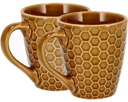Koffiemokken Set van 2 – Keramische Koffiebekers 200ml met Oor – Aardewerk Koffiemokken & Theemokken – Kleine Mokken voor Koffie, Cappuccino & Espresso – Bruin Honingraat Design