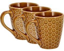 Koffiemokken Set van 3 – Keramische Koffiebekers 200 ml met Oor – Aardewerk Koffiemokken & Theemokken – Kleine Mokken voor Koffie, Cappuccino & Espresso – Bruin Honingraat Design