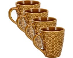 Koffiemokken Set van 4 – Keramische Koffiebekers 200 ml met Oor – Aardewerk Koffiemokken & Theemokken – Kleine Mokken voor Koffie, Cappuccino & Espresso – Bruin Honingraat Design