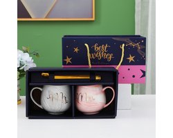 Koffiemokkenset voor stel - Huwelijksgeschenk voor pasgetrouwden - Valentijnsdagcadeau - Keramische mokken met marmerpatroon voor stel - 300 ml