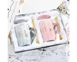 Koffiemokkenset voor stellen - Huwelijksgeschenk (voor de bruid en bruidegroom) - Perfect voor vrijgezellenfeesten, verlovingen, bruiloften en jubilea - Keramische marmeren mok - 414 ml - Roze