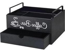 Koffiestation Organizer - Koffiebar Opbergdoos - Koffiebenodigdheden Opbergen - Vier Ruime Vakken - 226 cm Breed - Rustiek Hout