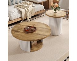 Koffietafel - dubbele ronde tafel - bijzettafel met natuurlijk houten blad - multifunctionele salontafel