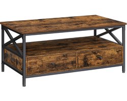 Koffietafel Multifunctionele Salontafel Opbergtafel Bruin en Zwart 100x55x45cm Met 2 Lades en Open Vak X-vormig Stevig Metalen Frame Geschikt voor Woonkamer, Keuken en Slaapkamer