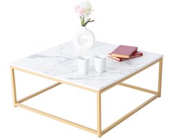 Koffietafel Vierkant - Bijzettafel Marmerlook - Woonkamer Decoratie - Stalen Frame - 80x80x34cm - Wit Goud