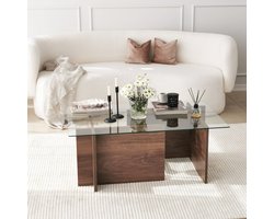 Koffietafel - Walnoot Afwerking - Gehard Glas - Afmetingen 105x65x40cm - Stijlvol Tafeltje voor elke Woonkamer