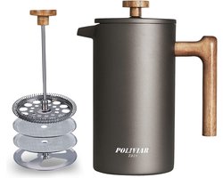 Koffiezetapparaat, 1 liter/8 kopjes, dubbelwandige geïsoleerde koffiepot en theebereider, handfilter, koffiepers met plunger en handvat van hout, Cliff (grijs)
