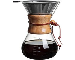 Koffiezetapparaat 800ml Dubbellaags Filter en Houten Koker - Koffiebrouwer met Uitloop - Makkelijk te Gieten - Duurzaam en Stijlvol