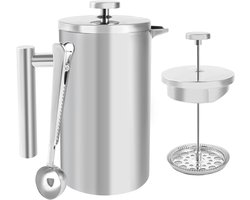 Koffiezetapparaat French Press 1 liter Roestvrij Staal | 1000 ml Koffiepers met 3-Traps Filter | Dubbelwandig Geïsoleerde Koffiepot met Lepel
